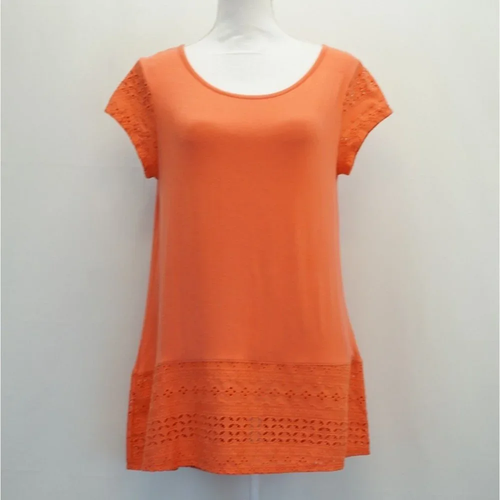 Joseph A Womens Top Coral M Lace Cap Sleeve Lace High Low Hem Knit Shirt - Picture 1 of 5